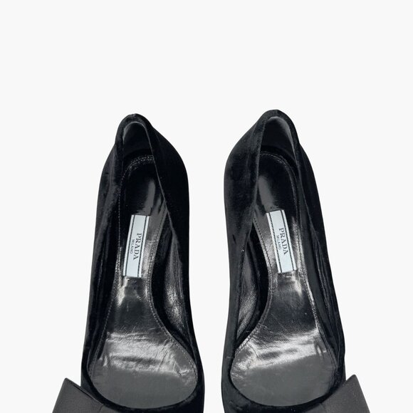 Prada Pointed Toe Bow Kitten Pumps Size 37 US 7 Black Velvet Low Heel Formal - Picture 4 of 14